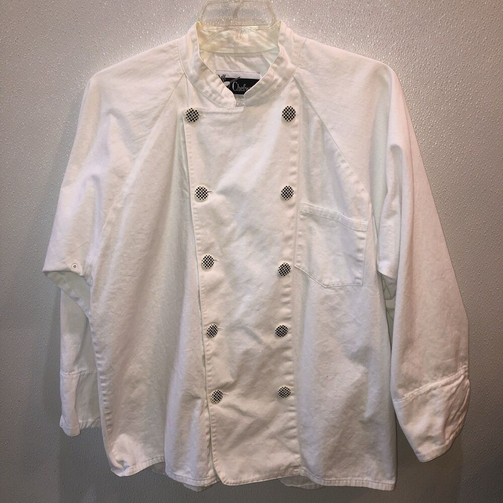 Vintage Chefwear USA Sz 40-44 Medium White Cotton Chef Coat Checkerboard Buttons